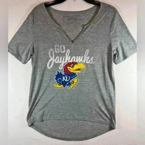 University of Kansas Jayhawks womens size Med short sleeve T shirt high low gray
